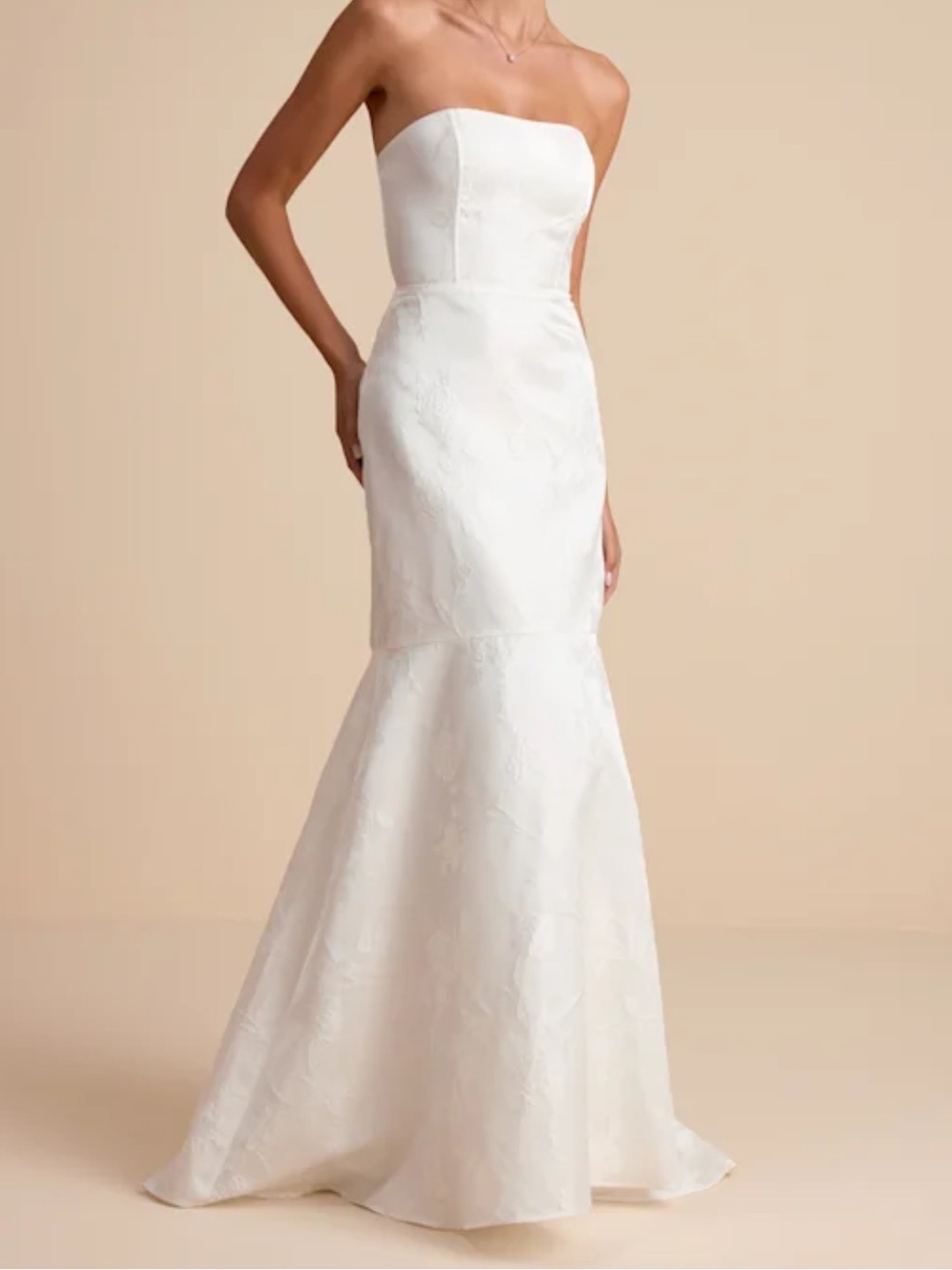 Lulu’s Cagney White Floral Jacquard Strapless Trumpet Maxi Dress